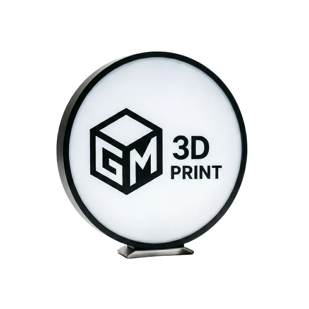 Round sign with 'GM 3D Print' logo on a white background