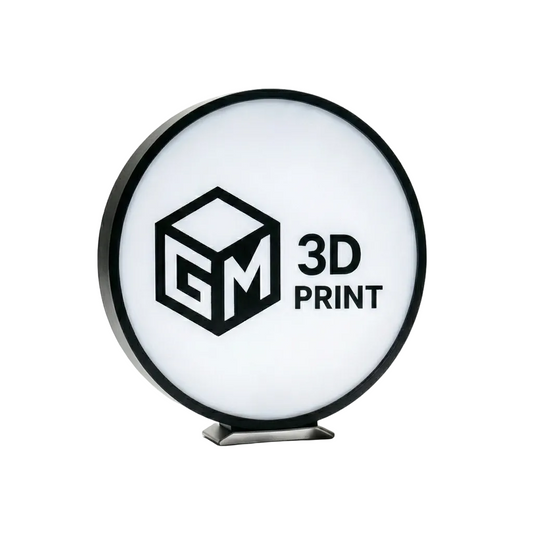 Round sign with 'GM 3D Print' logo on a white background