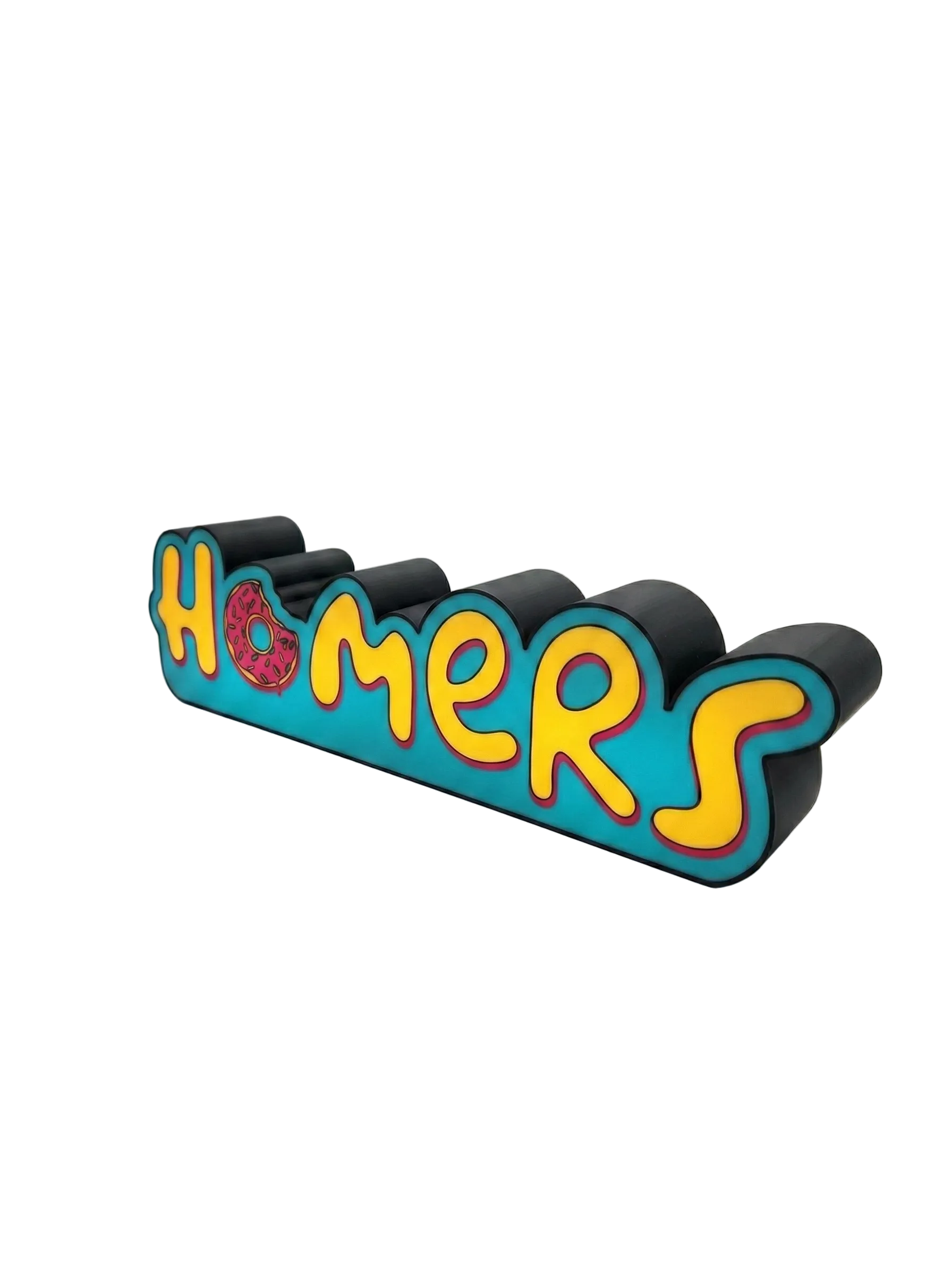 Colorful 'HOMERS' sign on a white background